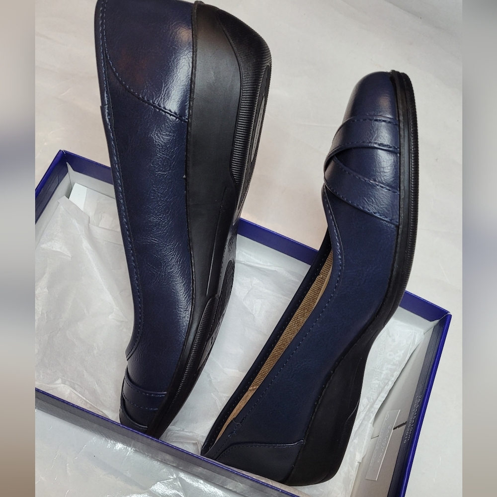 Life Stride I-Loyal Ballerina Wedge Flats Navy 10W Wide Width New NIB